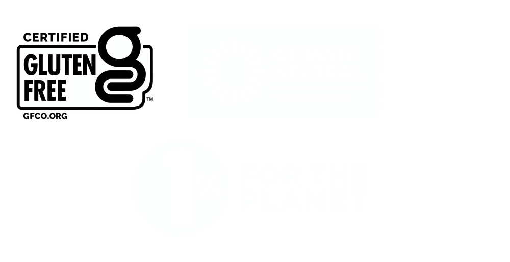 Four certification logos: Gluten Free, Climate Neutral, Kosher, and 1% for the Planet.