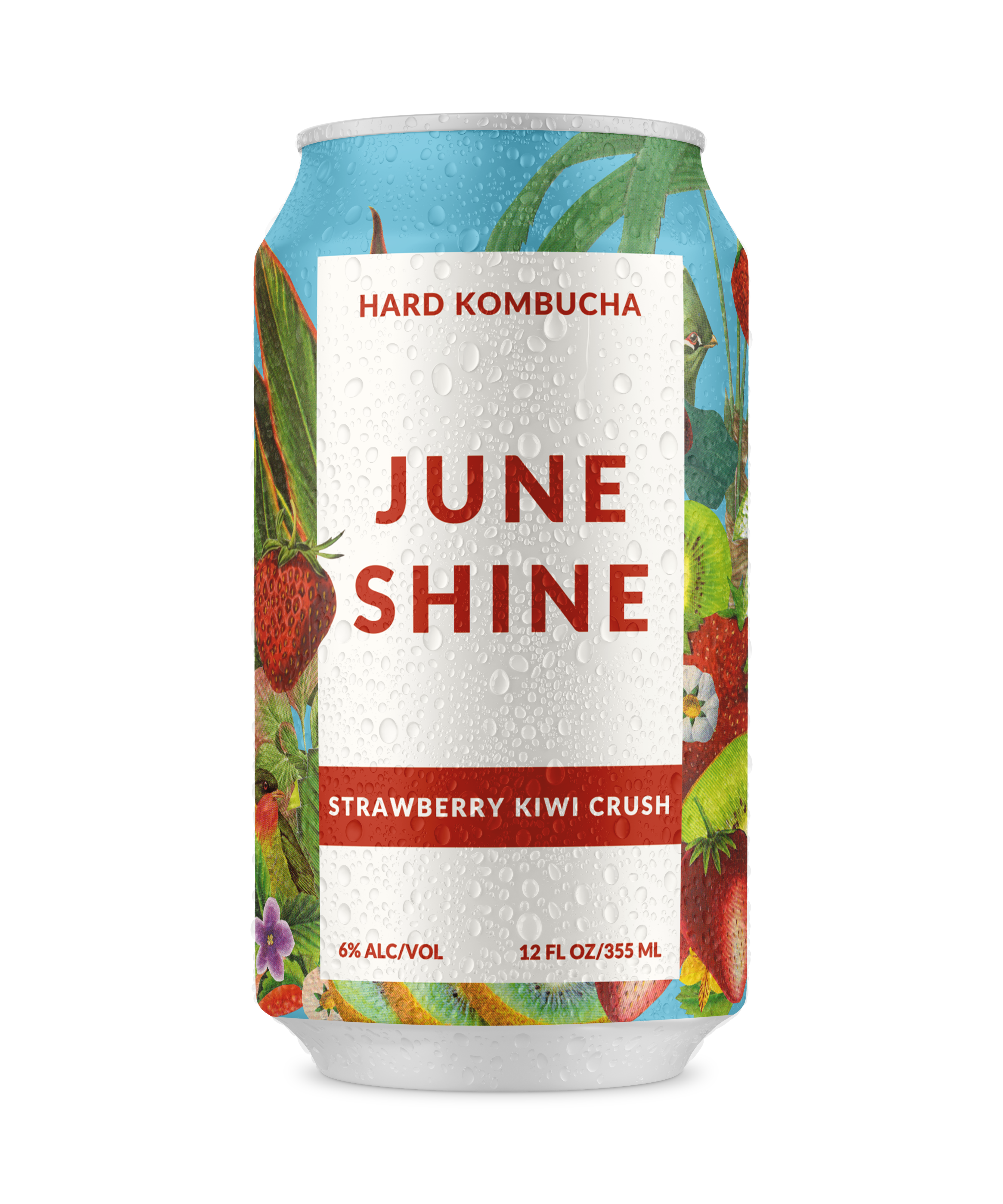 A can of June Shine hard kombucha, strawberry kiwi flavor, with water droplets.
