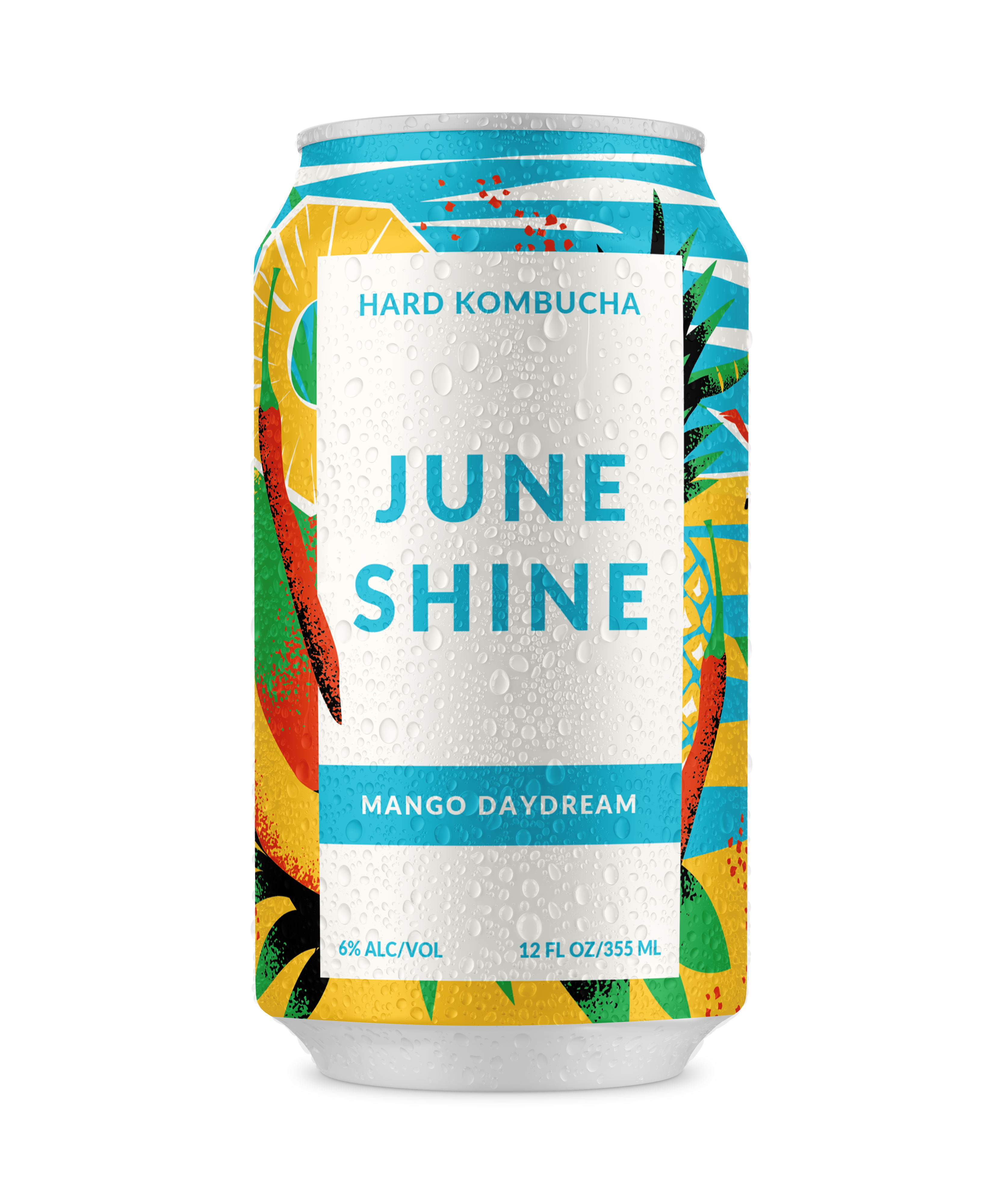 Colorful can of 'June Shine' hard kombucha, Mango Daydream flavor.