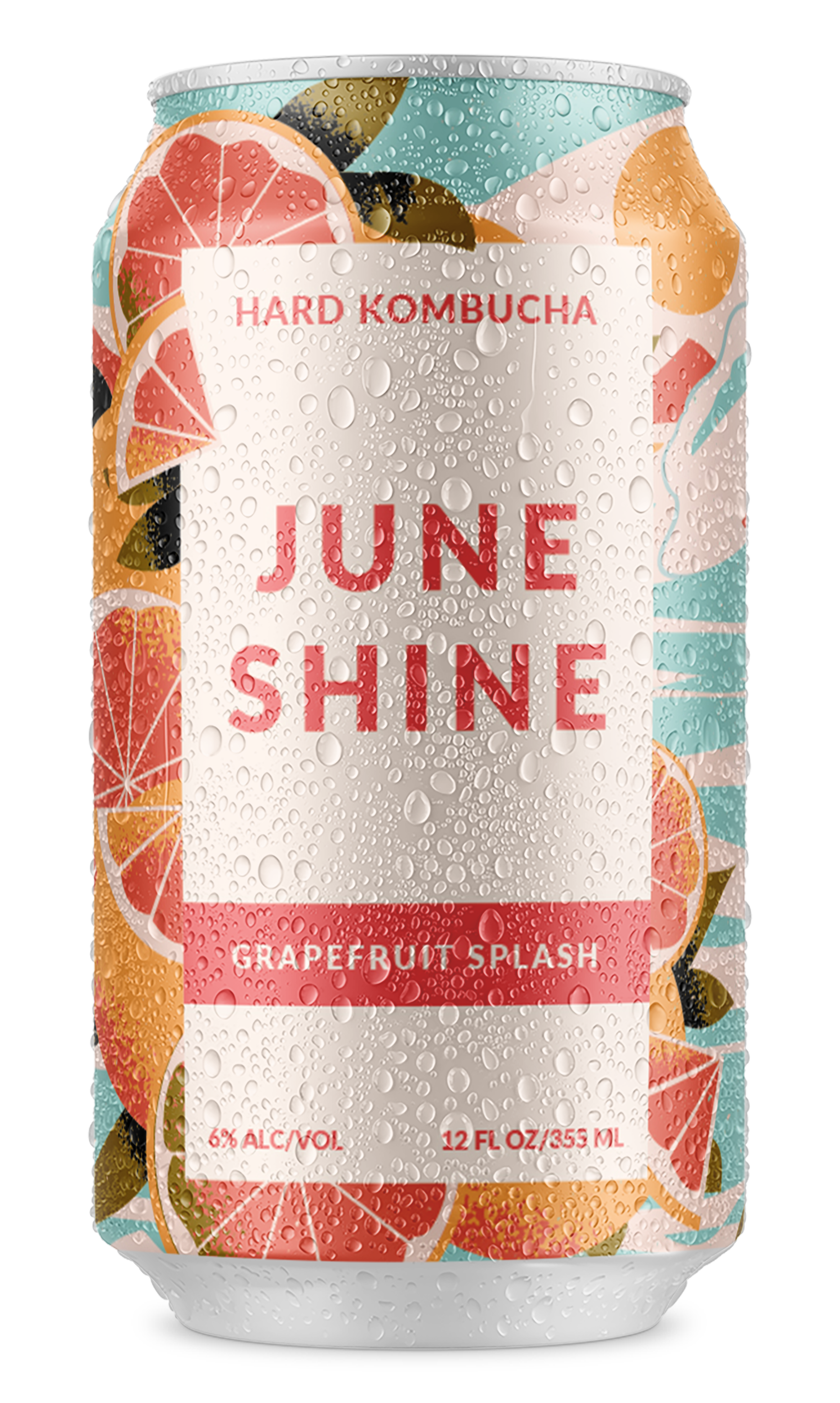 Colorful can of hard kombucha with grapefruit design and water droplets.