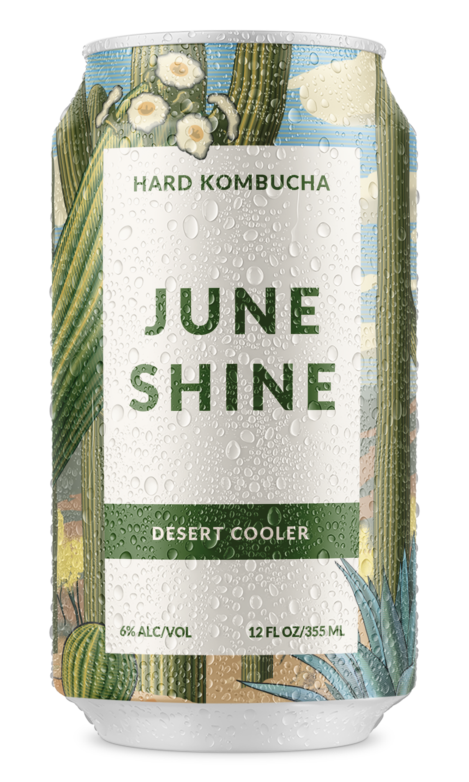Can of June Shine Hard Kombucha with desert-themed design and water droplets.