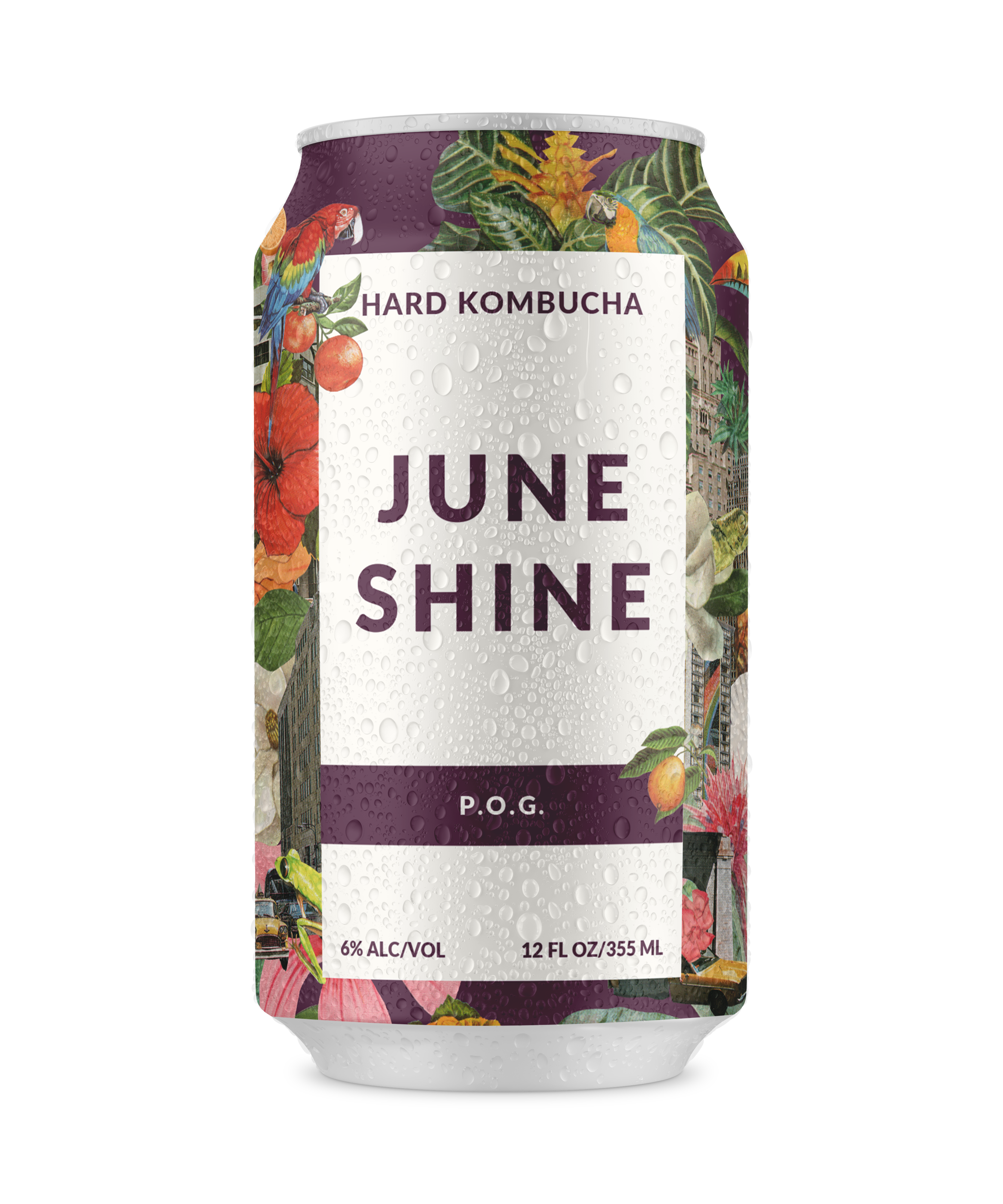 A can of June Shine hard kombucha with tropical design and water droplets.