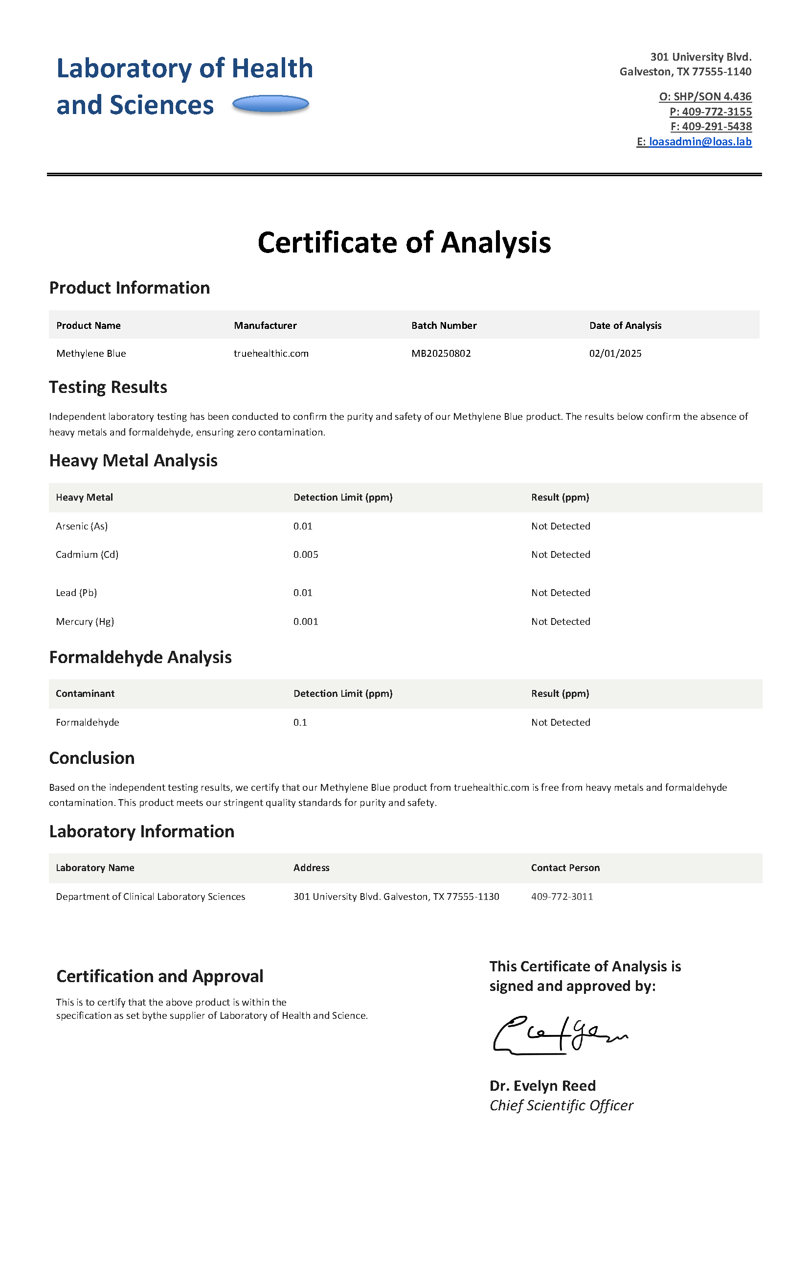 Certificate of Analysis for Methylene Blue, showing testing results and approval signature.
