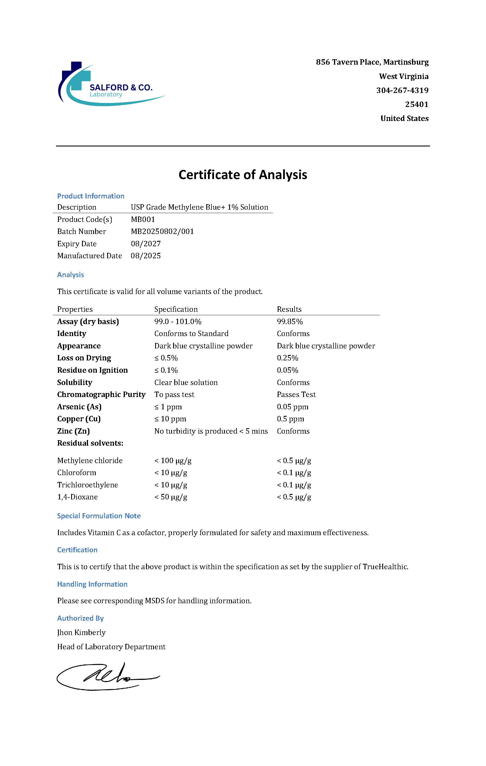 Certificate of Analysis for USP Grade Methylene Blue+ 1% Solution.