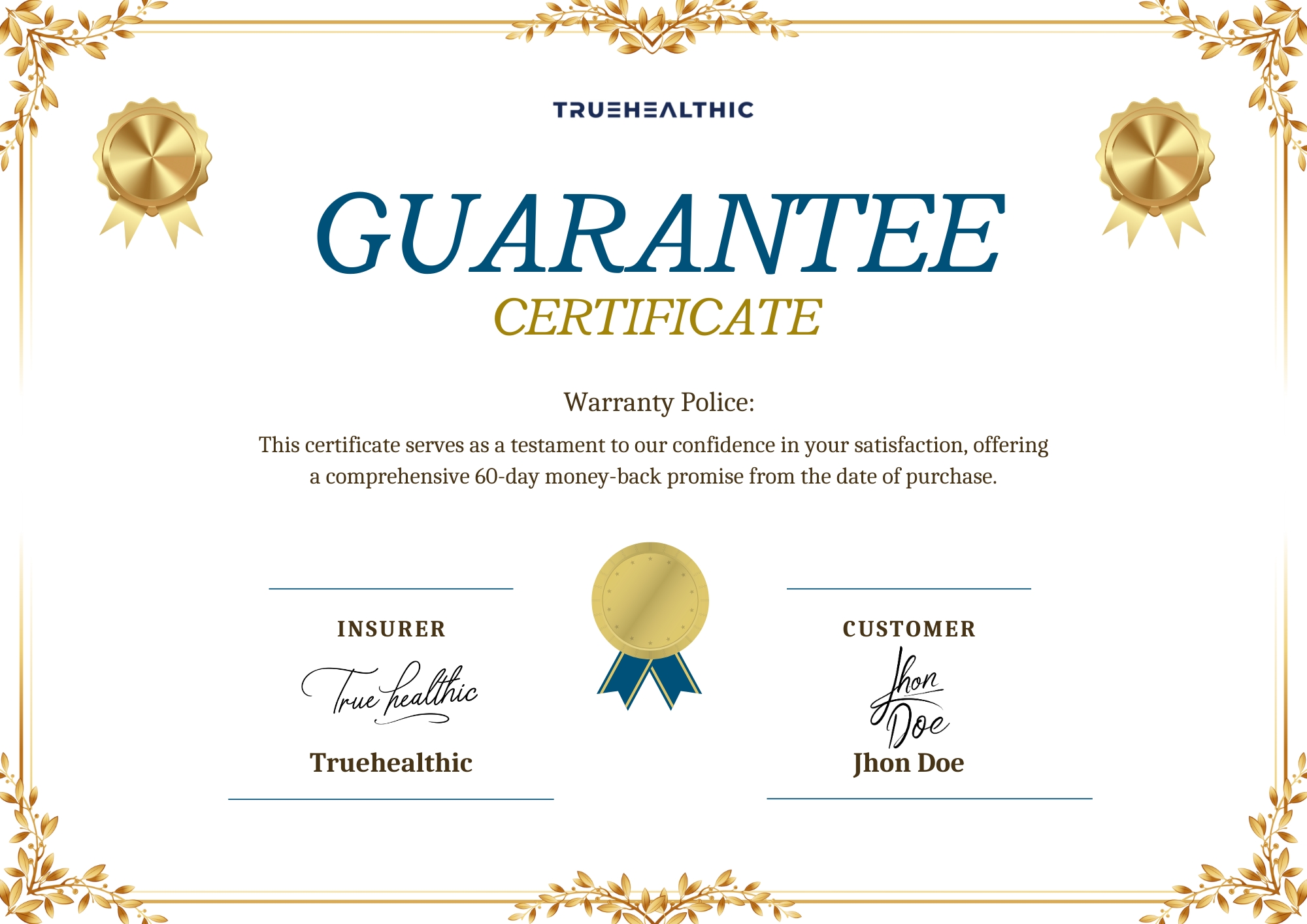 Certificate with gold seals, 'Guarantee Certificate' text, and signatures for insurer and customer.