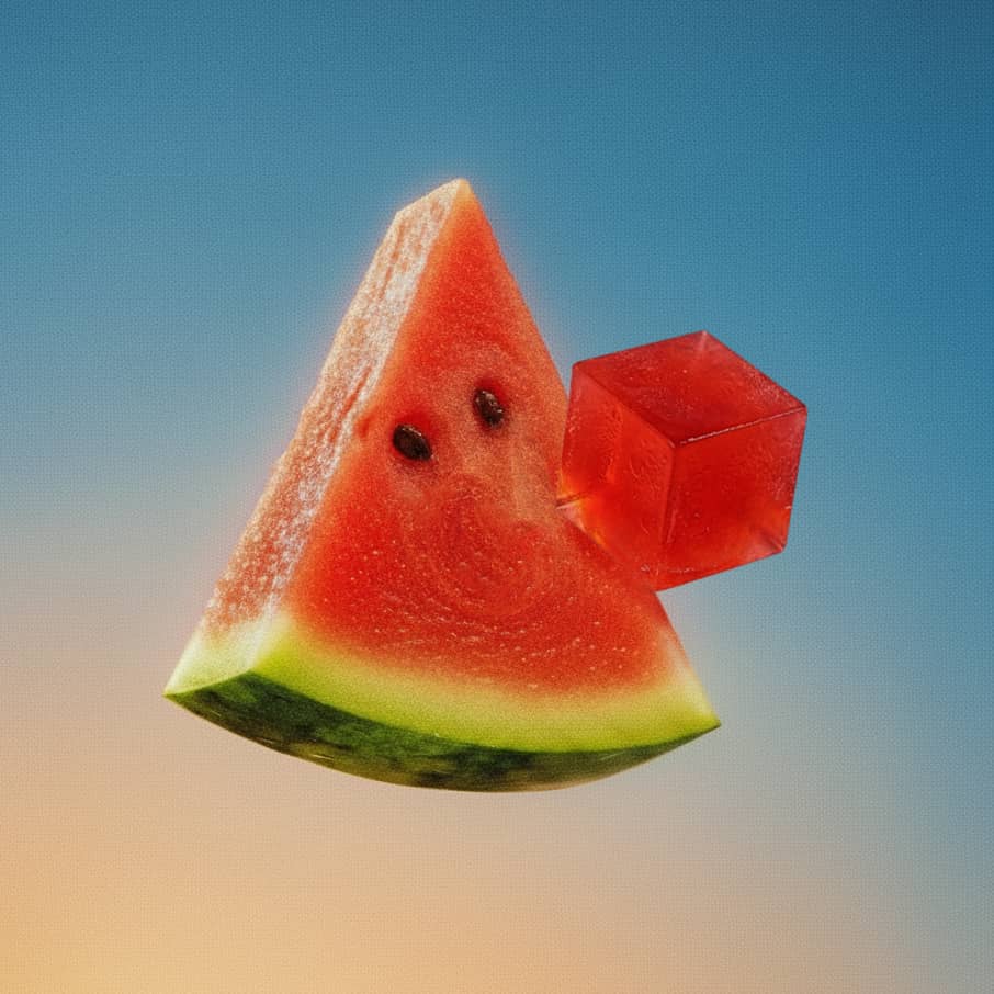 Floating watermelon slice and red cube against a gradient sky background.