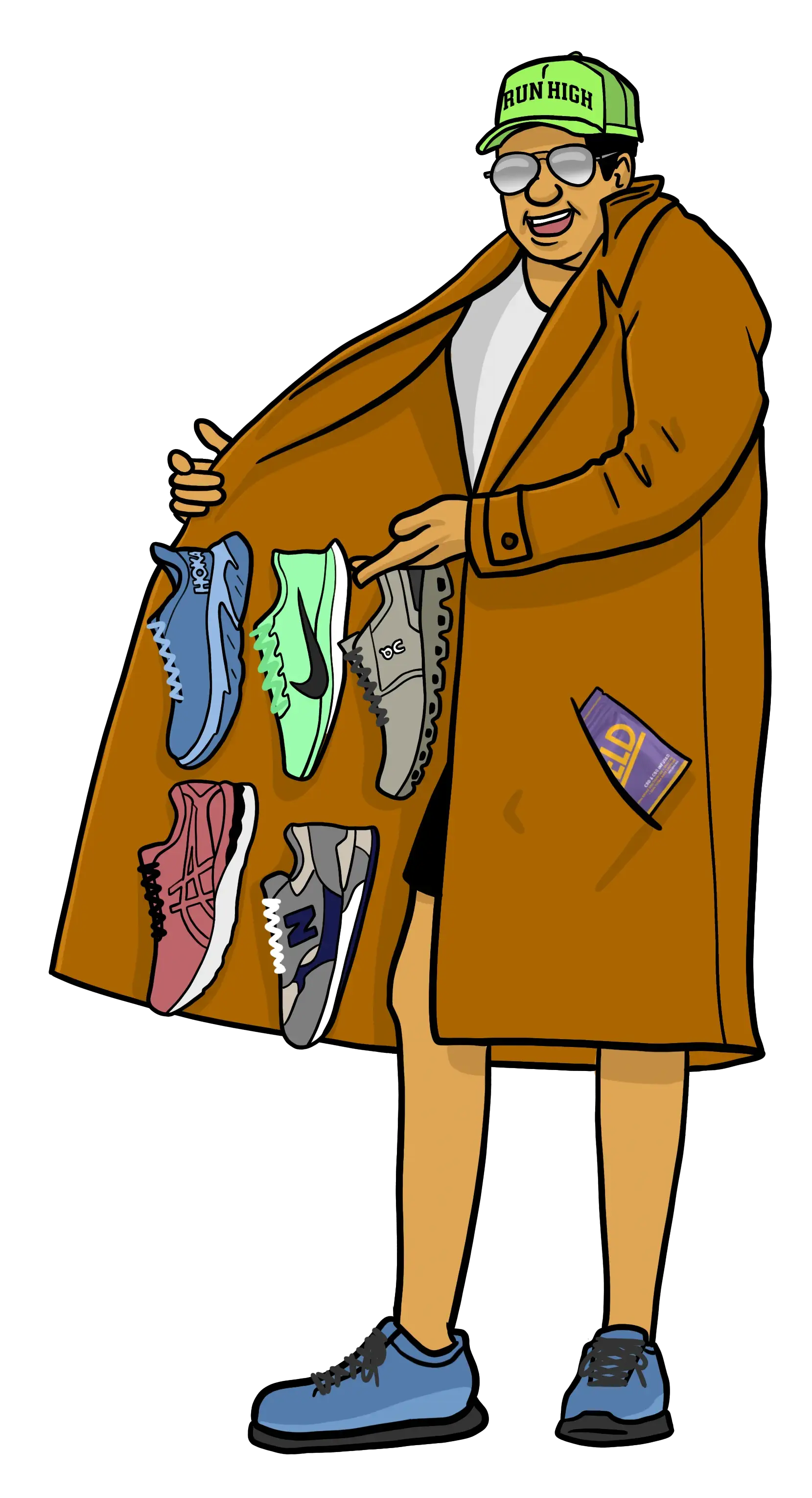 Cartoon character in a trench coat displaying shoes inside, smiling, wearing a green cap and sunglasses.