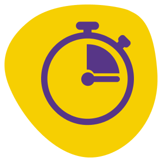 A purple stopwatch icon on a yellow, irregularly shaped background.