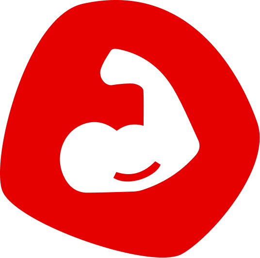 A white icon of a flexed bicep inside an irregularly shaped red background.