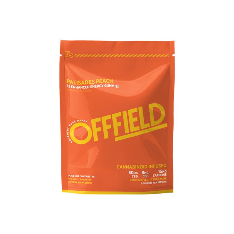 Orange package of energy gummies labeled 'OFFFIELD' with cannabinoid and caffeine details.
