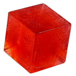 Red translucent cube on a dark background.