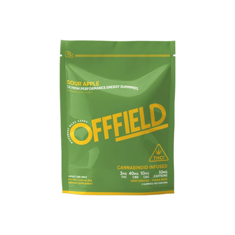 Green packaging of sour apple energy gummies marked 'OFFFIELD', cannabinoid infused.