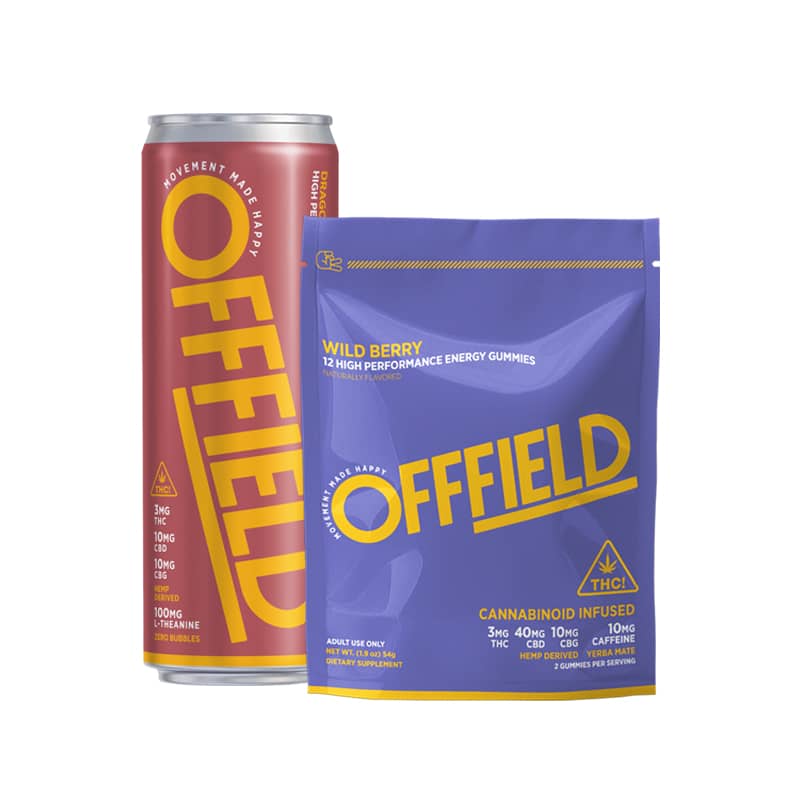 Offfield energy drink can and gummy package, both labeled with THC content.
