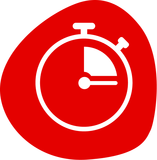 A white stopwatch icon on an amorphous red background.