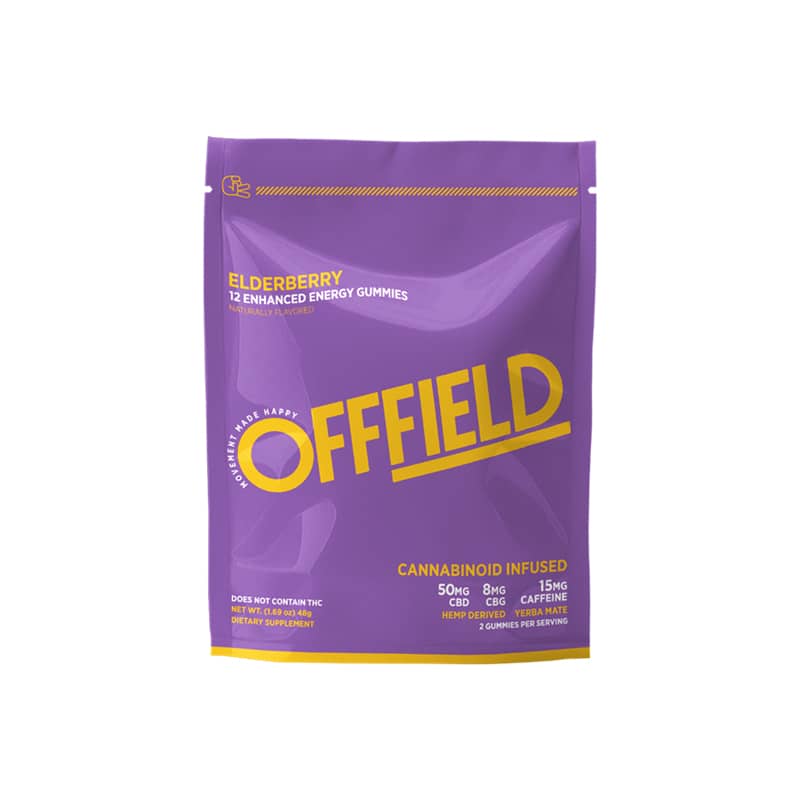Purple OFFFIELD gummy package with elderberry flavor and supplement details.