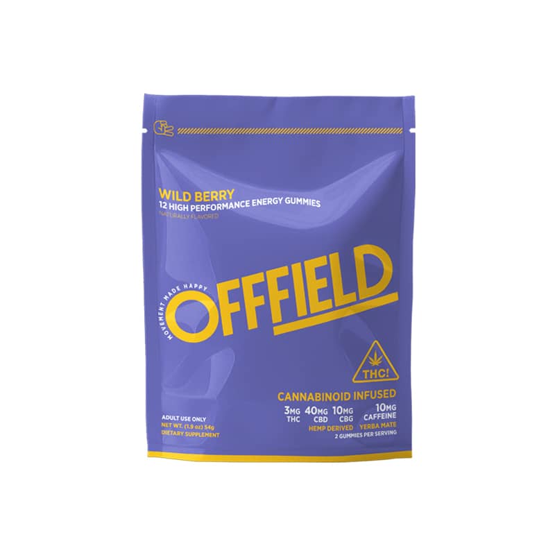 Purple OFFFIELD bag of wild berry gummies with yellow text.