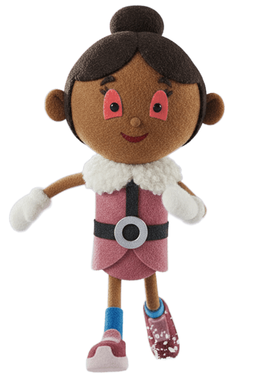 A cartoon character with short hair, wearing a pink outfit and one sneaker, walking forward.