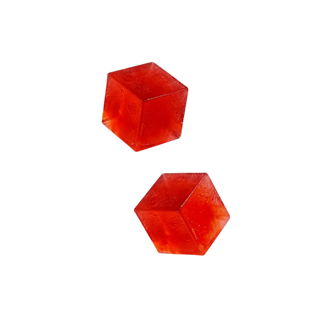 Two translucent red cubes are shown against a plain white background, one above the other.