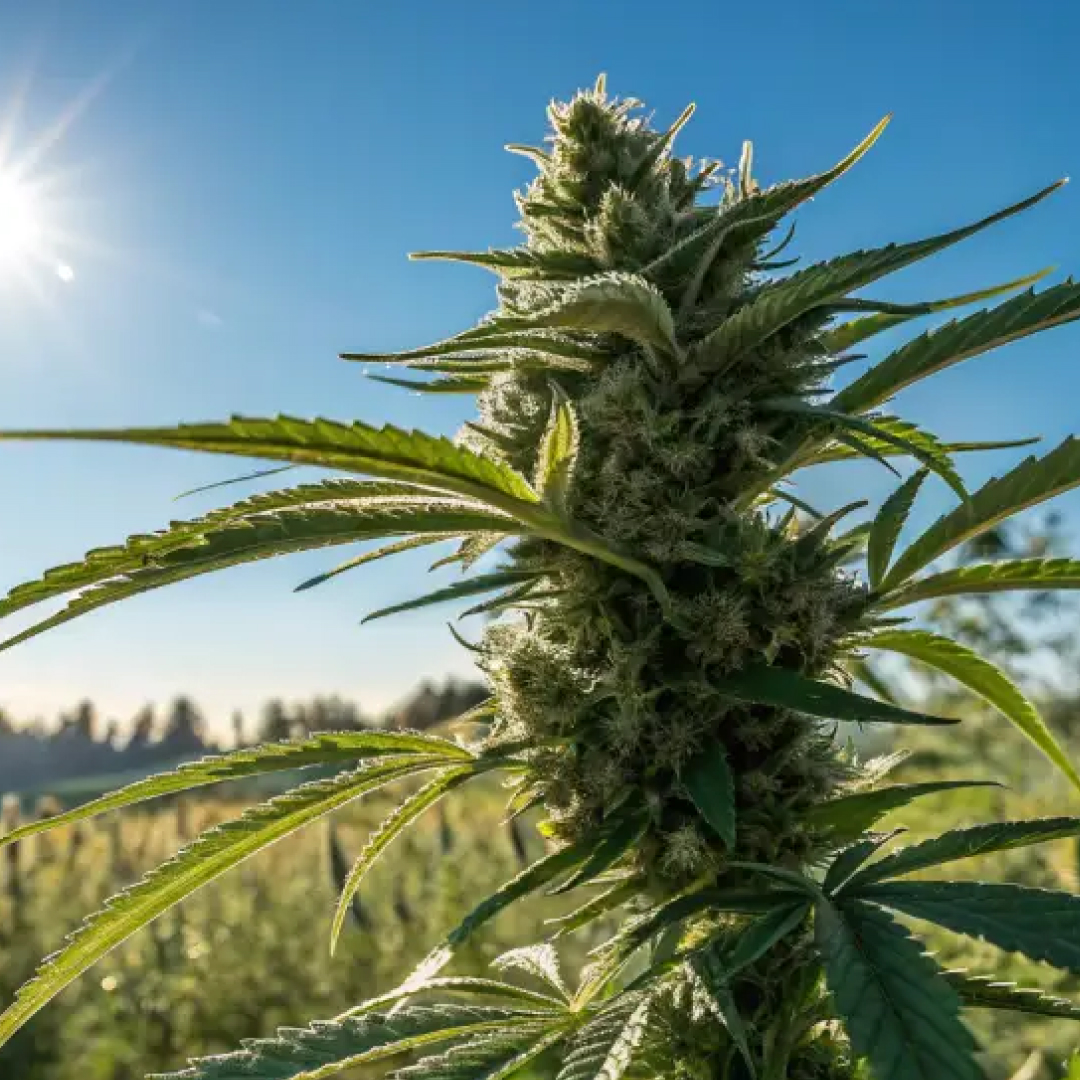 A close-up of a flowering cannabis plant outdoors on a sunny day with a blue sky.