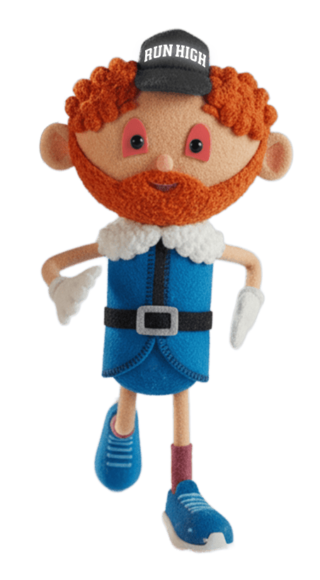 A plush toy figure with red hair, beard, cap, and blue outfit.