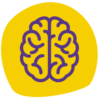 A purple outline of a brain on a yellow, irregularly shaped circular background.