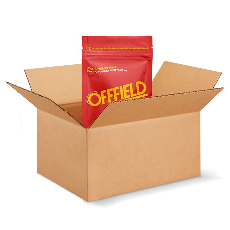 A red pouch of Offfield Watermelon Mint energy gummies sits inside an open cardboard box.