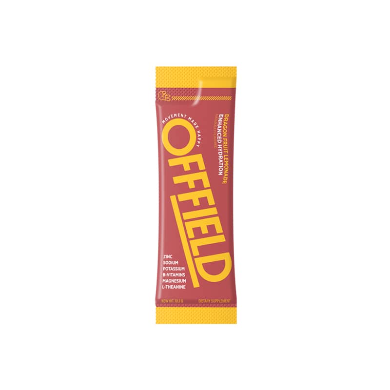 Packet labeled 'OFFFIELD' with hydration ingredients.