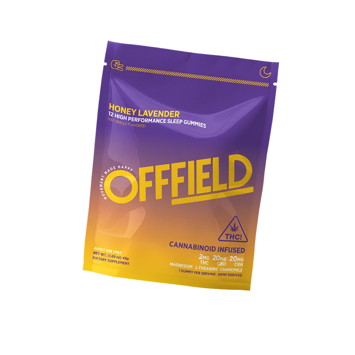 Purple and yellow OFFFIELD gummy package labeled 'Honey Lavender Sleep Gummies.'