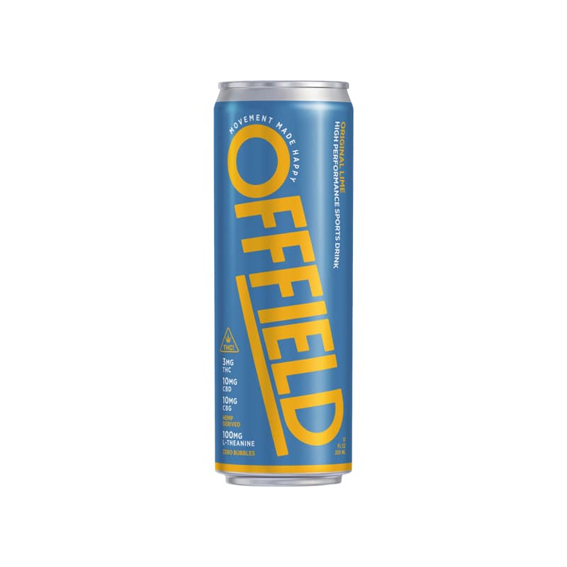 Blue and yellow sports drink can labeled 'OFFFIELD'.