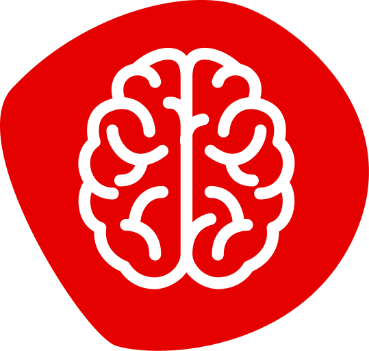 A white icon of a brain on an amorphous red background.