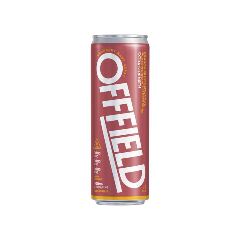 Red can of OFFFIELD sports drink with white text.