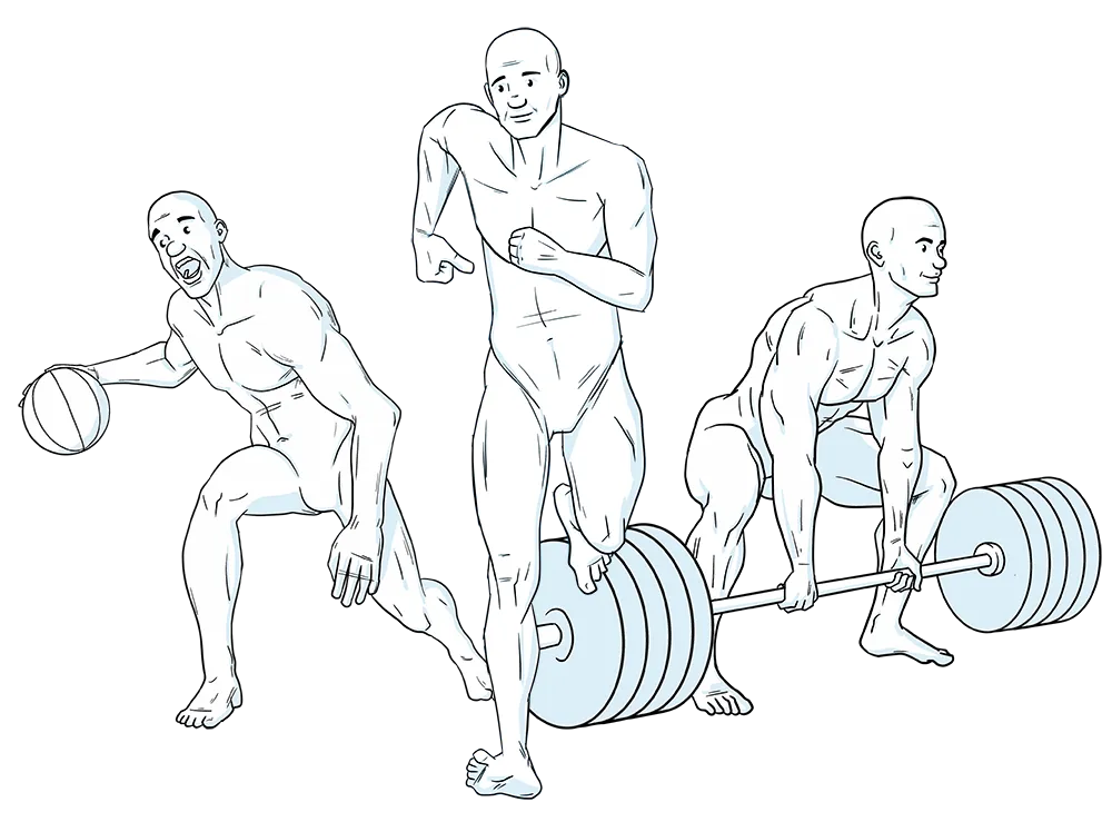 Illustration of three muscular men engaged in basketball, running, and weightlifting activities.