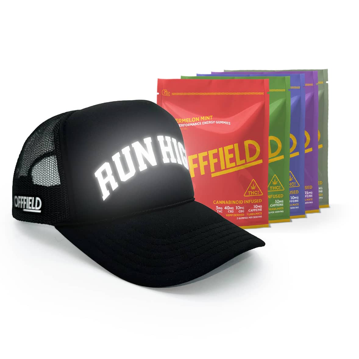 Black cap with 'RUN HIGH' text and colorful energy gummy packets.