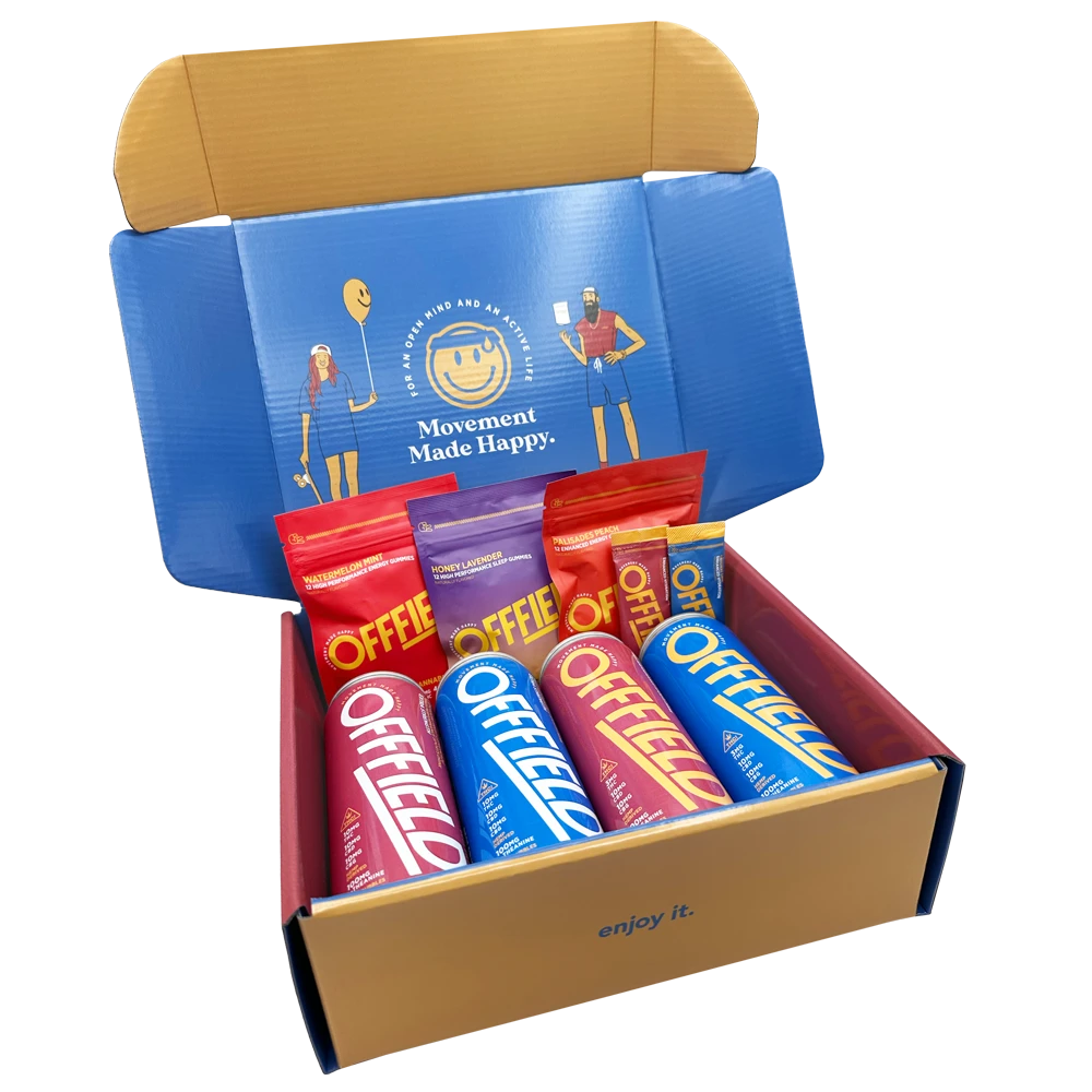 An open cardboard box filled with Offfield brand cans and pouches.