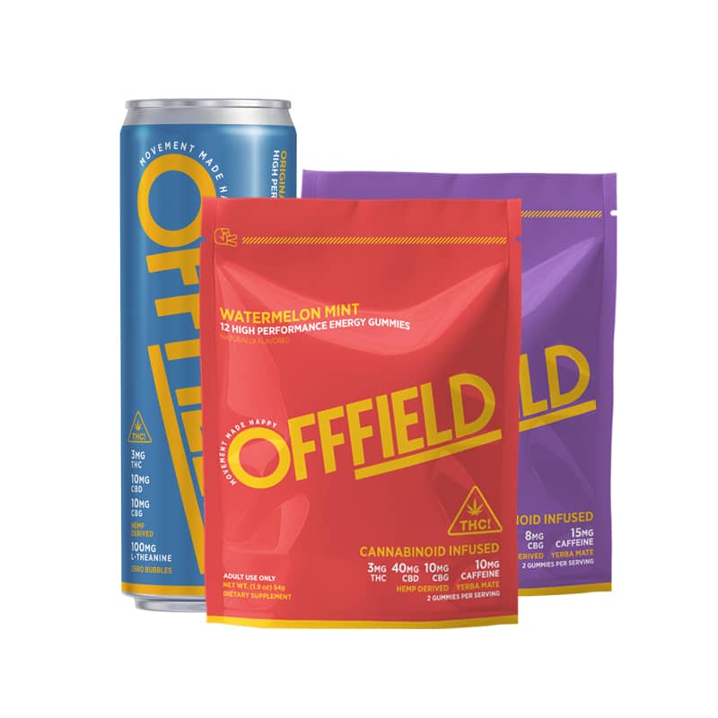 Energy drink can and two packets of gummies labeled 'OFFFIELD.'
