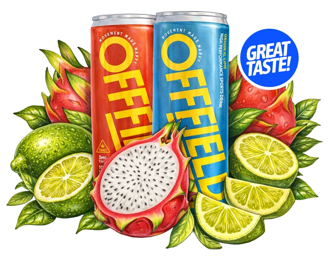Two cans of Offield sports drink surrounded by illustrated fresh dragon fruit and limes.