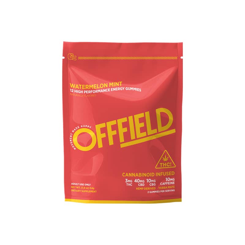 Red package of OFFFIELD Watermelon Mint energy gummies with cannabinoid information.