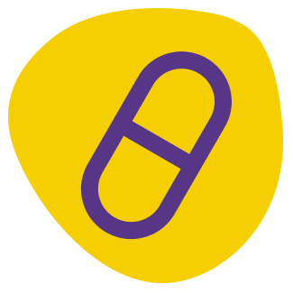 A purple icon of a pill on a yellow, circular background.