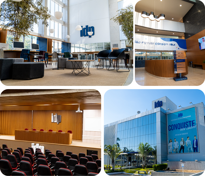 A collage of images from an event at an institution, showing the lobby, speakers, and the audience.