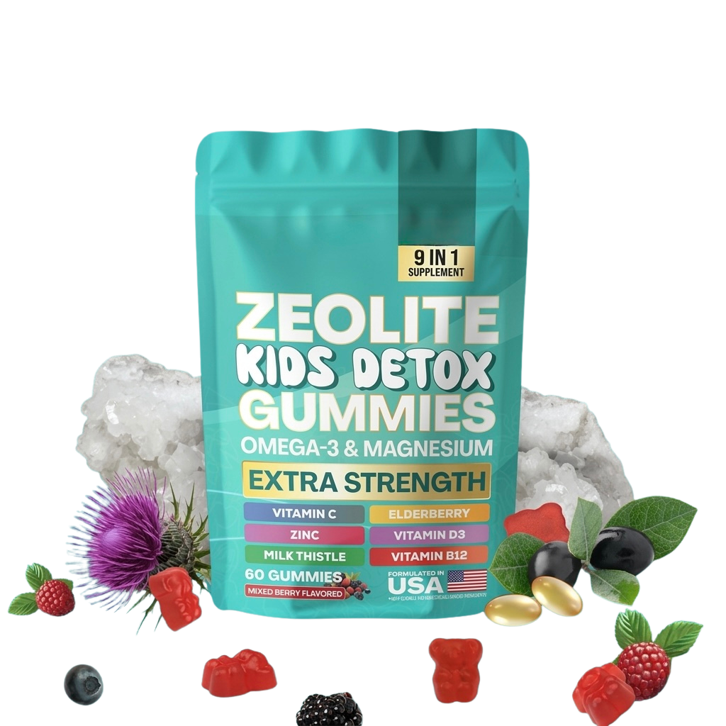 A pouch of Zeolite Kids Detox Gummies surrounded by ingredients like berries, milk thistle, and gummy vitamins.