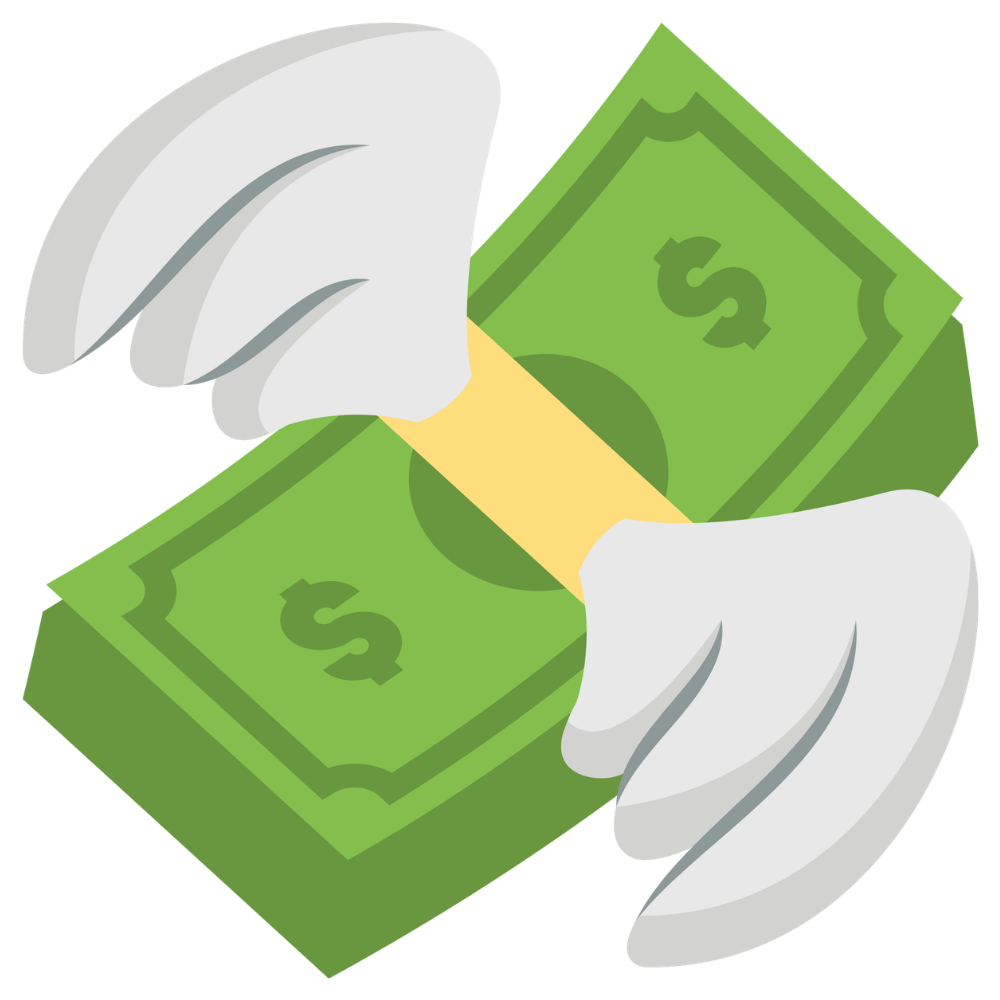 An emoji illustration of a stack of dollar bills with wings.