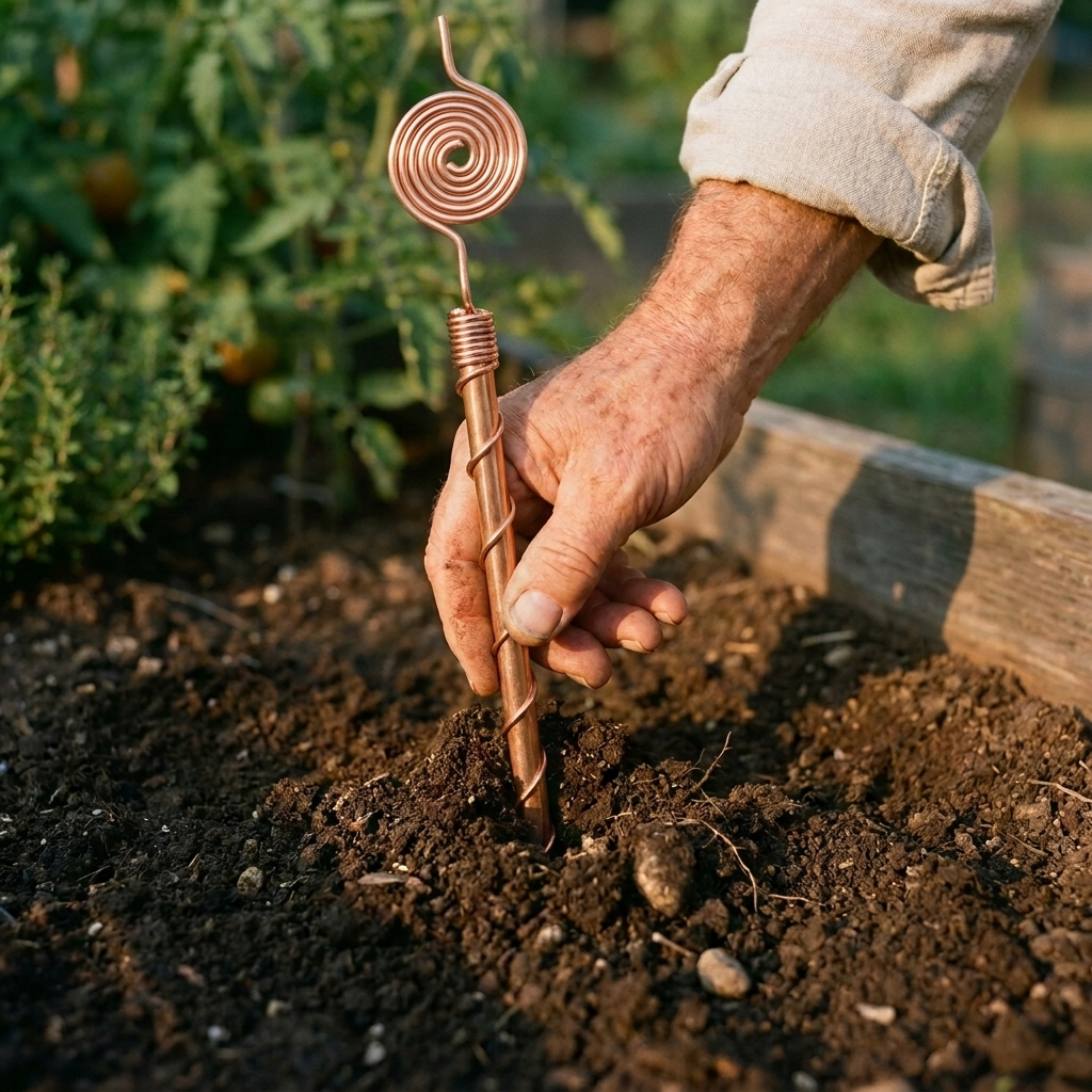 A person's hand pushes a decorative spiral copper stake into the soil of a raised garden bed.
