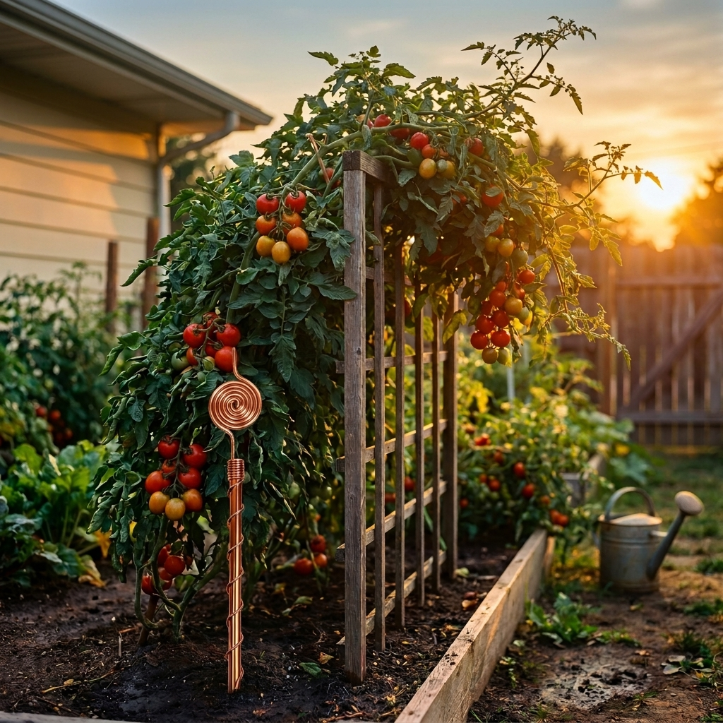 A tomato plant with ripening fruit grows up a wooden trellis next to a copper stake at sunset.
