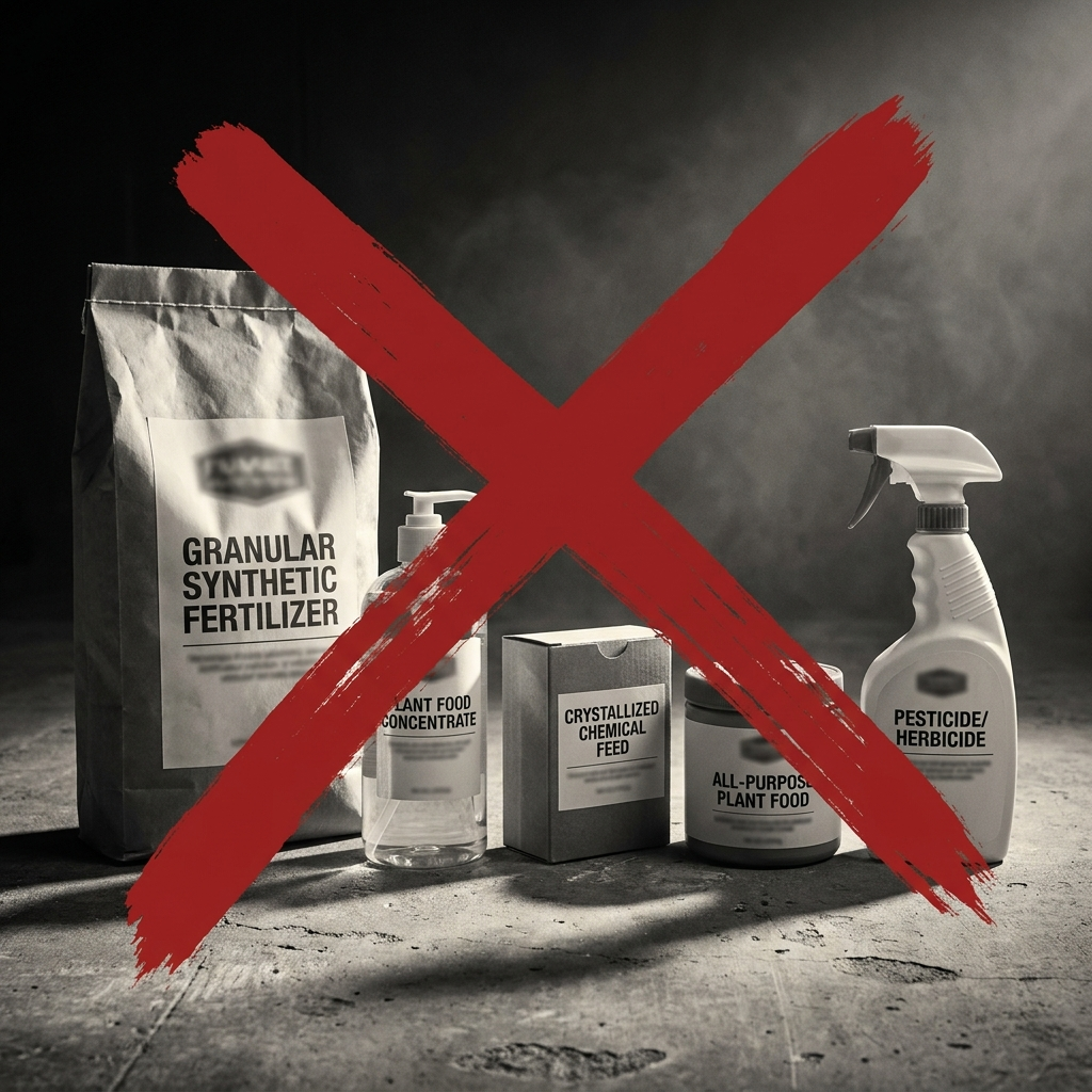 A black and white photo of synthetic fertilizers and pesticides with a large red X over them.