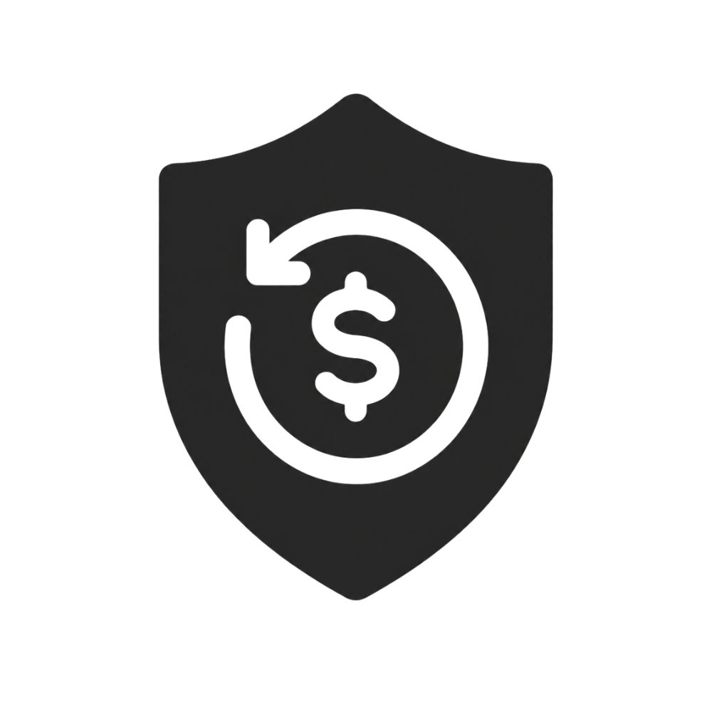 A dark gray shield icon with a white circular arrow around a dollar sign, symbolizing a money-back guarantee.