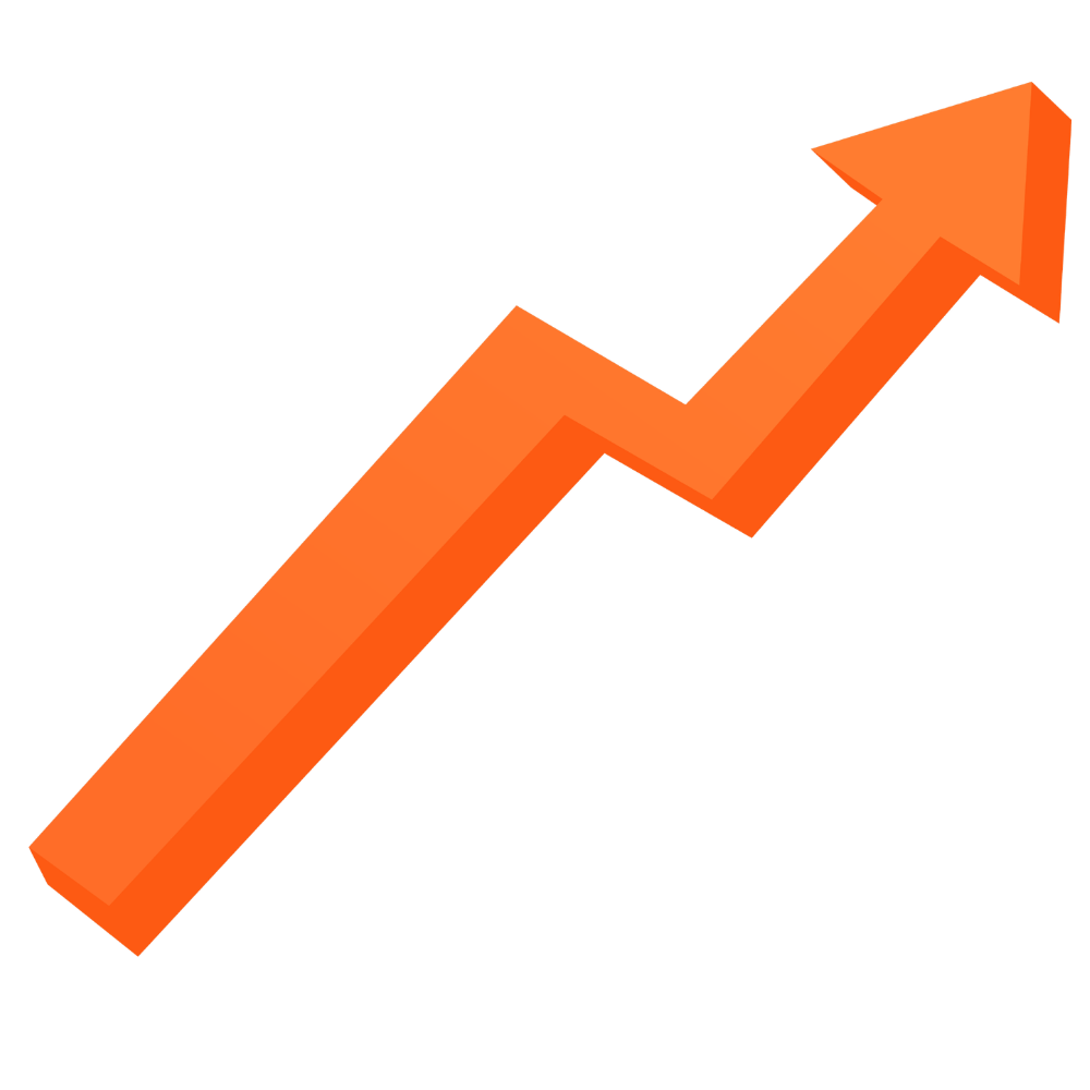 A jagged, three-dimensional orange arrow pointing up and to the right on a white background.