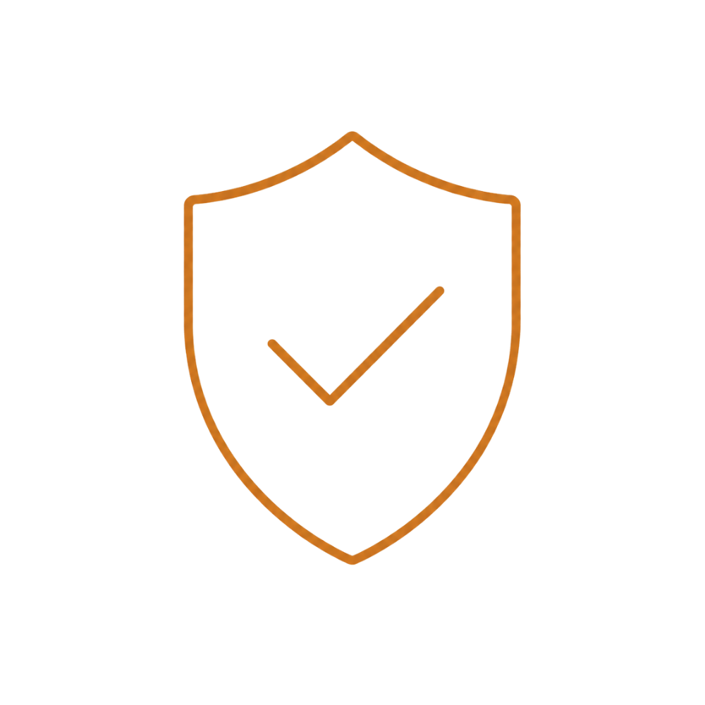 An orange line art icon of a shield with a checkmark inside.