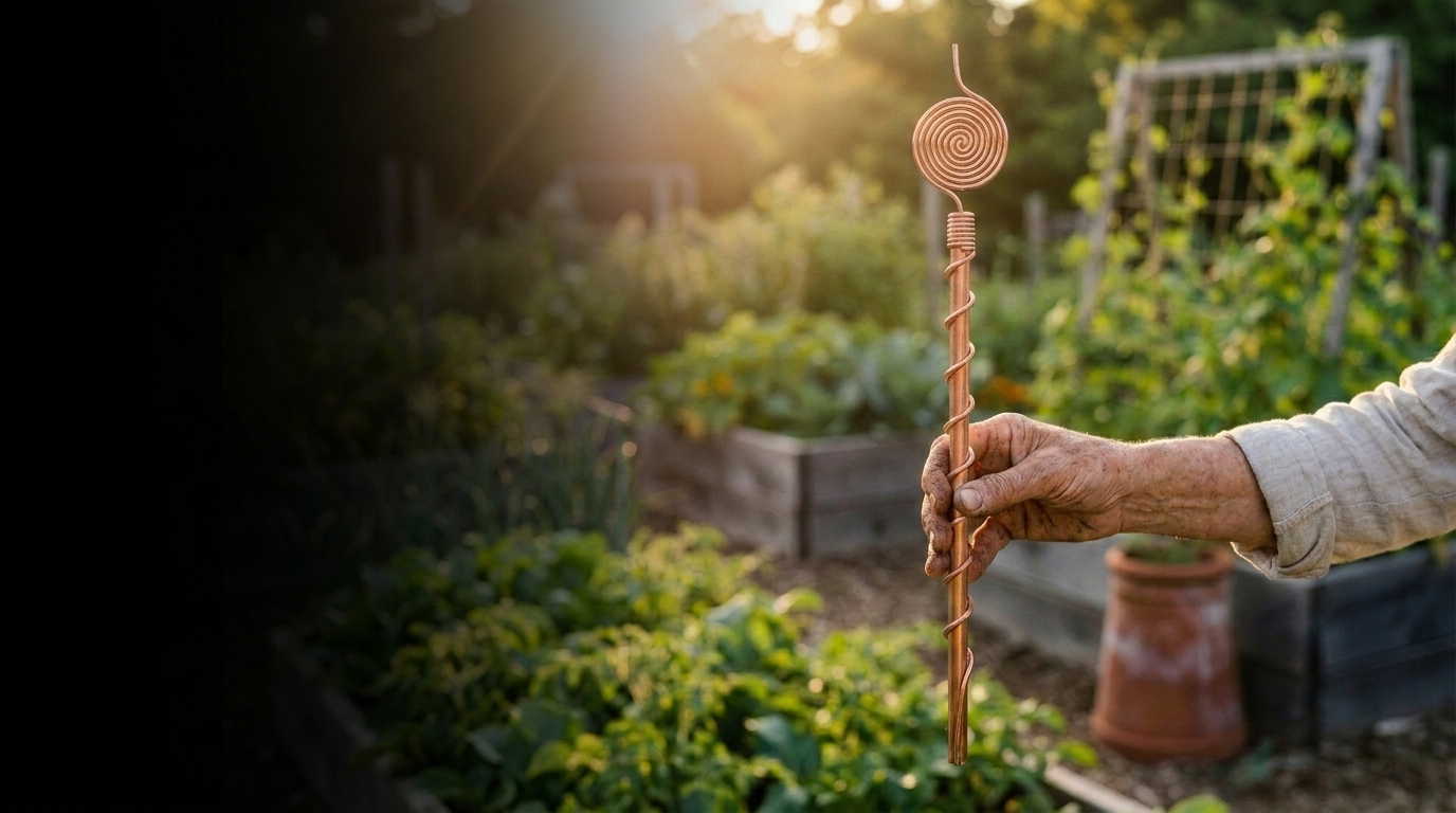 Copper antenna in a sunlit garden