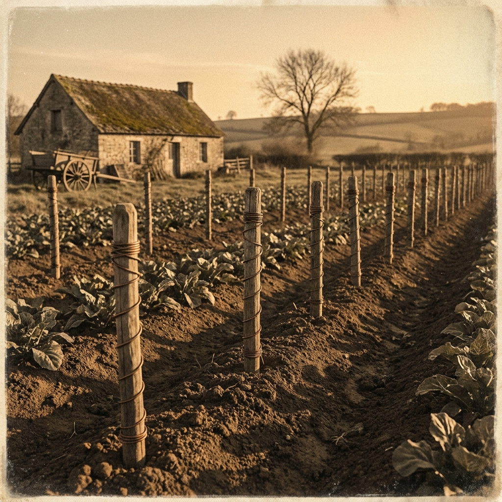 A vintage-style photo of a tilled field with rows of stakes next to a stone cottage.