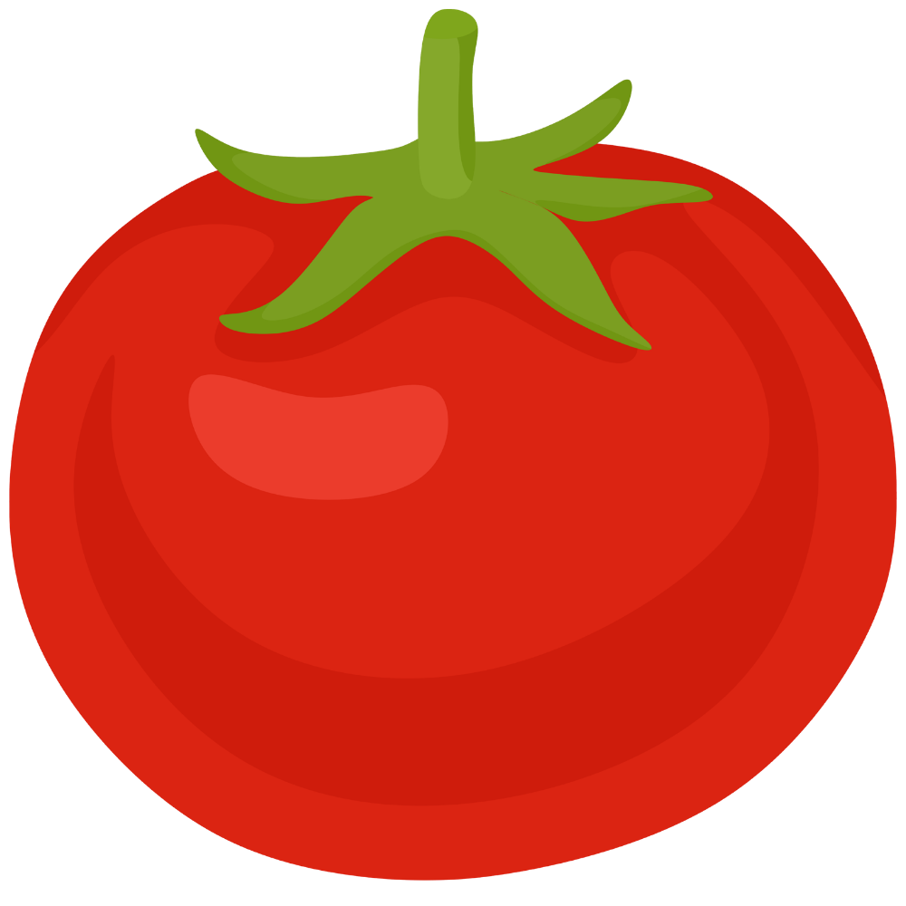 A simple cartoon illustration of a round, red tomato with a green stem and leaves on top.